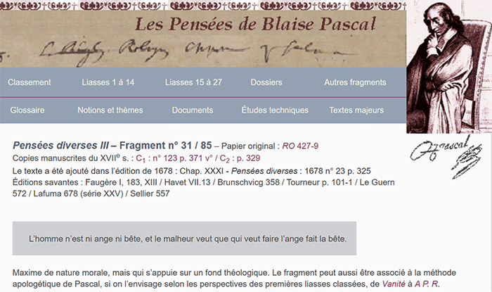 La Pensée ni ange ni bête de Blaise Pascal